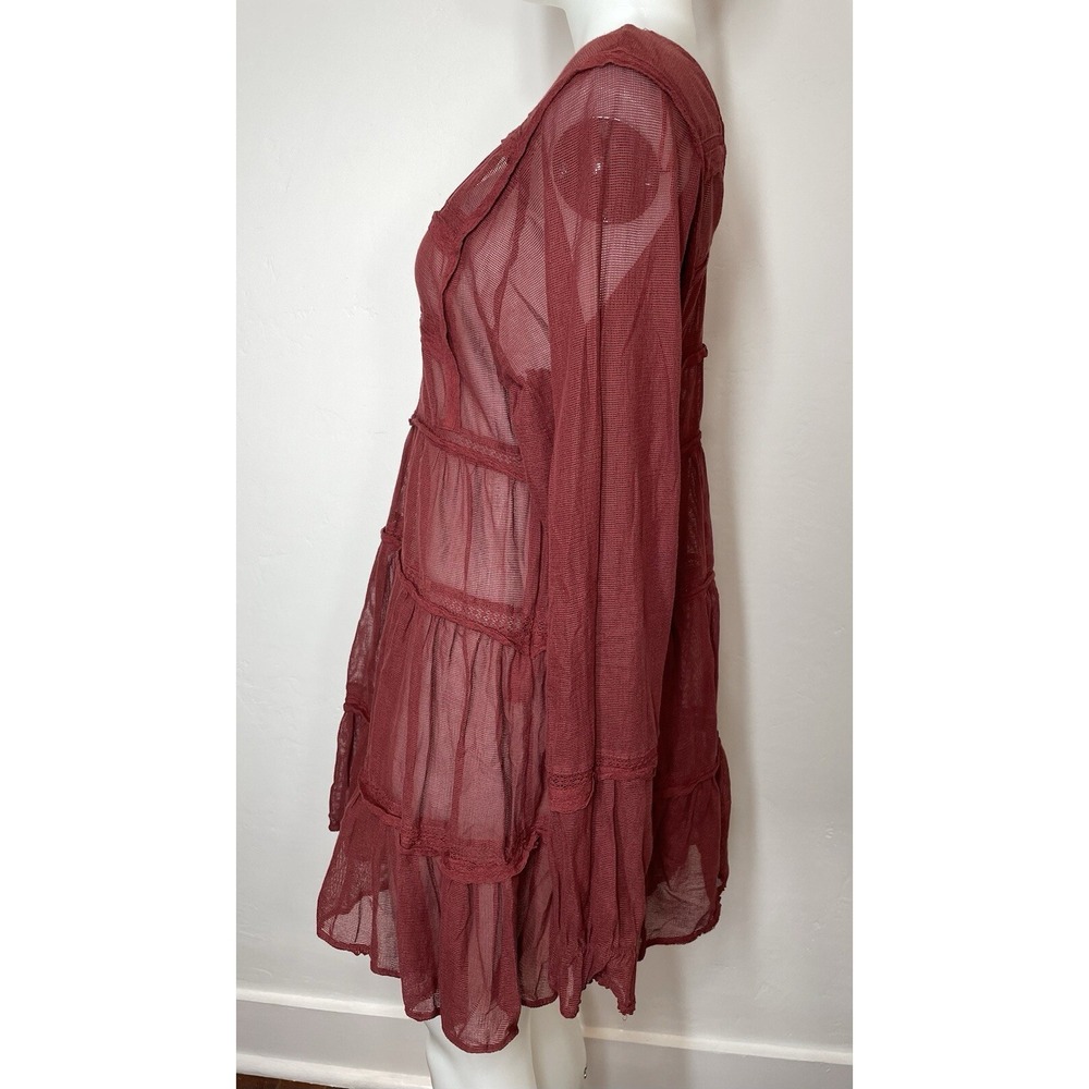 Free People Mesh Tiered Dress SZ S Berlin Maroon Long Sleeves (No Slip - Picture 3 of 8
